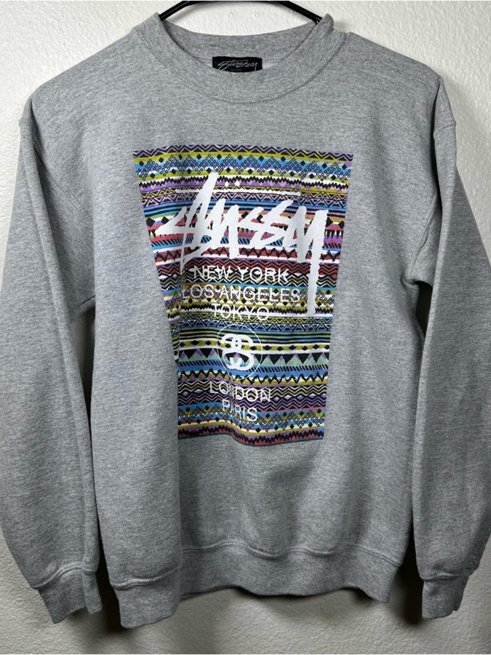Stussy Grey Crewneck with Colorful Aztec Graphic